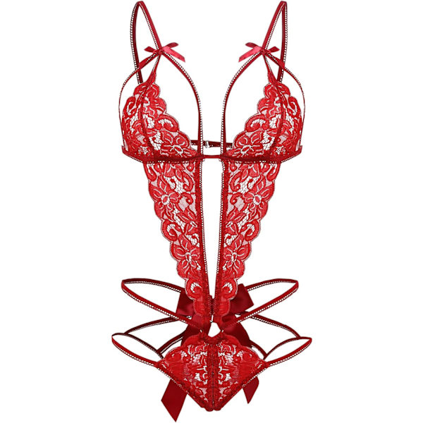 nalla Dam Deep V Spets Teddy One Piece Lingerie Cutout Strappy Lingerie Bright Red XX-Large