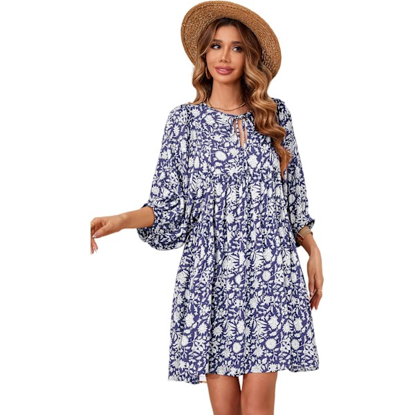 ivimos Dam Sommarklänningar V-ringning Casual Klänningar Lykta Ärm Boho Blommigt Tryck Lös Flytande Miniklänning Mörkblå Stor