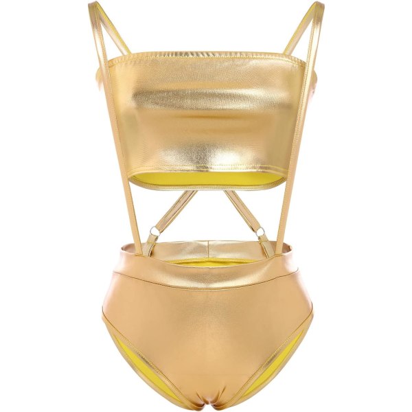 NSI Women Sexy Holographic Metallic Bandeau Top Strapless Bikini Reflective Shiny Booty Shorts High Waist Cheeky Clubwea Gold Small