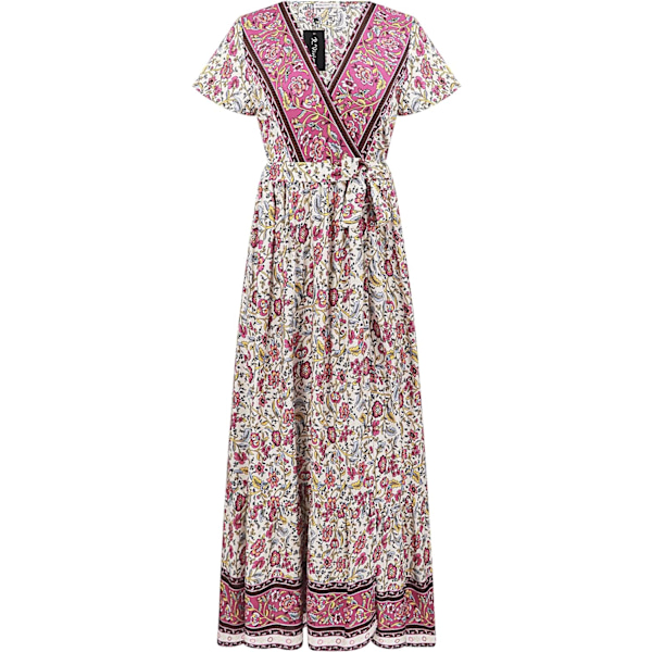 ivimos Dam Sommar Kortärmad Blommig Tryck Bohemisk Strand Midja Slips Wrap Lång Flytande Klänning med Slit Whitered X-Large