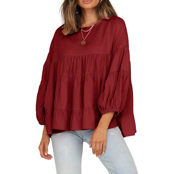 ivimos Dam höst bomull långärmad casual volang babydoll tunika blus toppar för kvinnor Bourgogne Medium