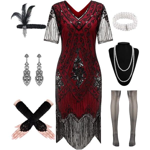 DPARTY 1920-talet Kvinnor Klaffklänning Paljettklänning V-ringad Spets Fransad Gatsby-klänning Kostym med rytande 20-talstillbehör Svart-röd Stor