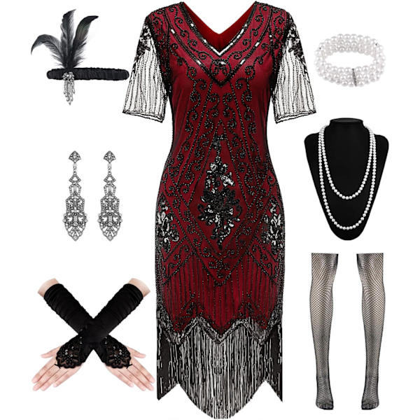DPARTY 1920-tals dam flapperklänning paljettklänning V-ringad spets fransad Gatsby-klänning kostym med rytande 20-tals accessoarer svart-röd XX-Large