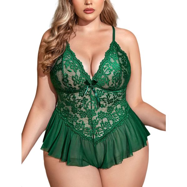 dlove Plus Size Lingerie för kvinnor Spets Bodysuit One Piece Teddy Babydoll Mesh Chemise V-ringad Nattkläder L-4XL Grön Stor
