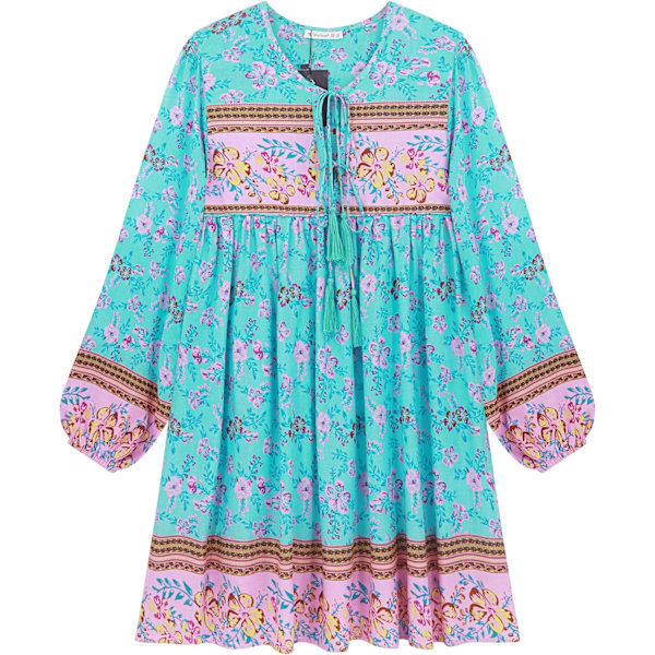 ivimos Dam långärmad blommig casual print bomull miniklänning mörk himmelsblå medium