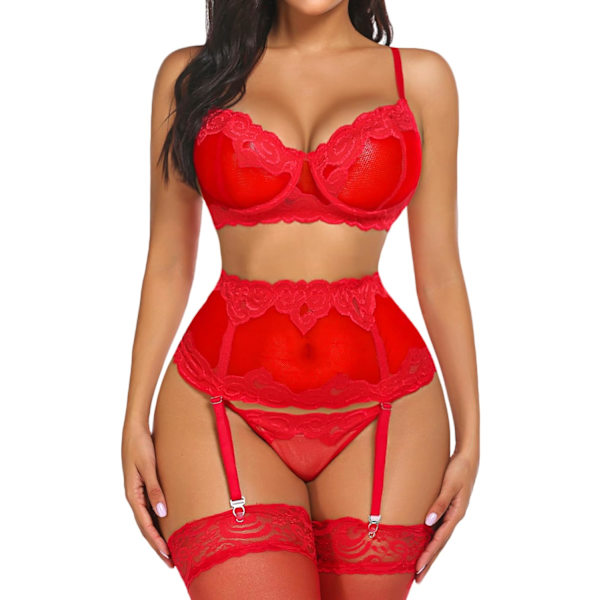 ME Lingerie Set för kvinnor Sexig spetslingerie Bygel Push Up BH Strumpeband Set Lingerie BH och Trosset (Inga strumpor) Julröd X-Large