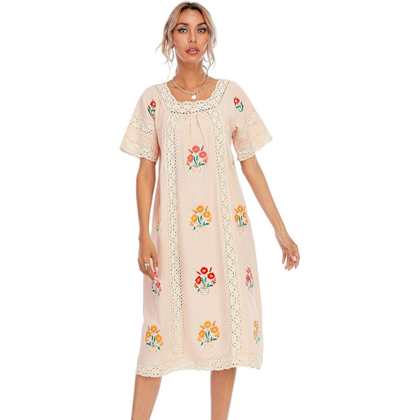 ivimos Kvinnors Sommarklänning med Korta Ärmar, Blommig Broderi, Spets, Ihålig, Bohemisk Bomull, Midiklänning, Beige, X-Large