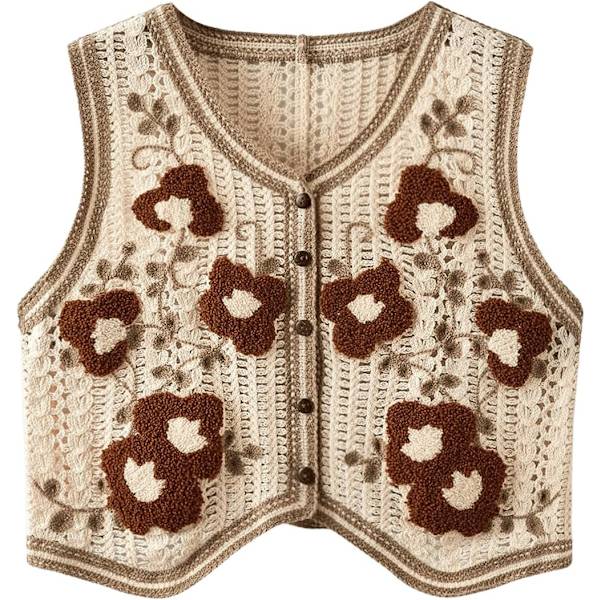 dusa Dam Button Front V-hals Ärmlös Rutig Stickad Tröja Väst Brun Beige Medium