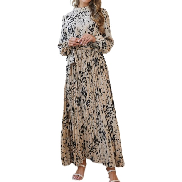 ivimos Höstklänningar för kvinnor Långärmad Plisserad Casual Mock Neck Elegant Print Maxi Klänning med Bälte Khaki Liten