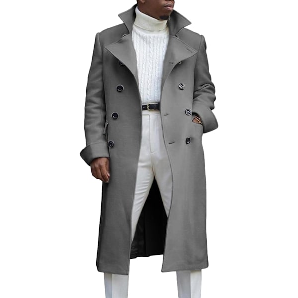 THRON Herr Casual Trenchcoat Slim Fit Notch Krage Lång Jacka Overcoat Enkelknäppt Peacoat med Fickor B-grå X-Large