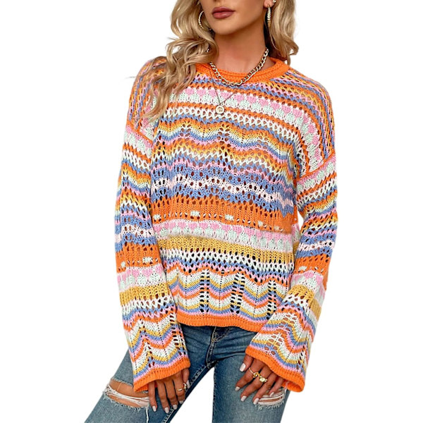 ivimos Dam höst vinter långärmad randig ihålig tröja pullover casual lös stickad tröja topp multi-orange liten