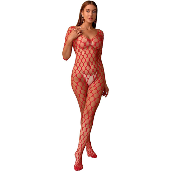 der Whisper Damkläder Sexig Nätnattkläder Långärmad Babydolls Festklänning Mesh Strumpor Strumpbyxor En Storlek Röd