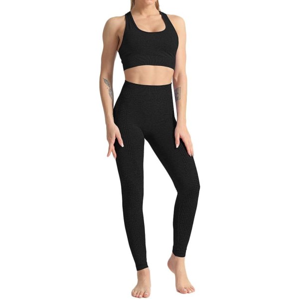oWei Kvinnor 2-delad träningsoutfit Sport-BH Sömlösa Leggings Yoga Gym Activewear Set Svart Liten