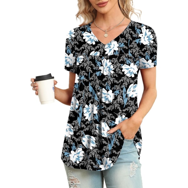 LASI Dam Sommartoppar V-hals Korta Ärmar Casual Skjorta Flytande Tunika Blus Vit Lilja 3X-Large