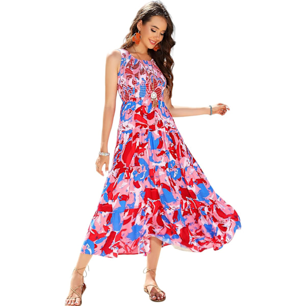 ivimos Dam Sommar Ärmlös Tank Klänning Boho Casual Smocked Rygglös Tiered Volang Flytande Midi Klänning Multi-rosa Stor