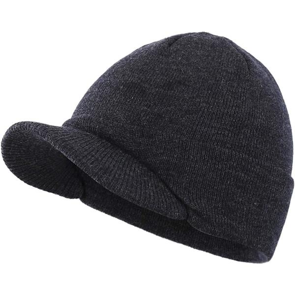 racy Unisex Varm Visor Beanie Utomhus Dubbelstickad Mössa med Topp Vintermössa Grå En Storlek