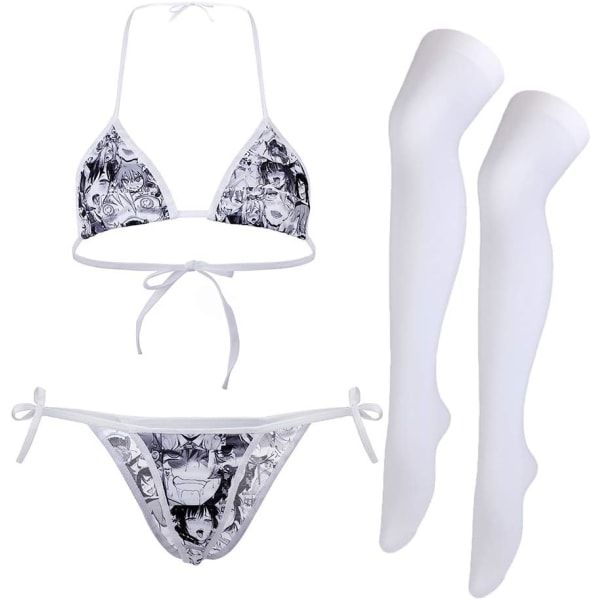 RCLO Söt Sexig Anime Lingerie BH och Trosor Set Lolita Cosplay Micro Underkläder Suit Kawaii för Kvinnor Grå, Vit En Storlek