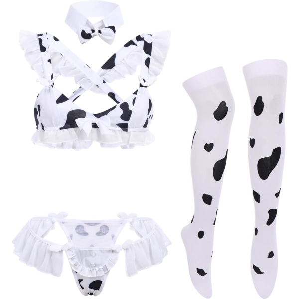 sv Sexig Milk Cow Underkläder Set Anime Maid Cosplay Kostym Mini Bikini BH Body med Bell Choker Strumpor Outfit Z - Cow Maid Se One Size