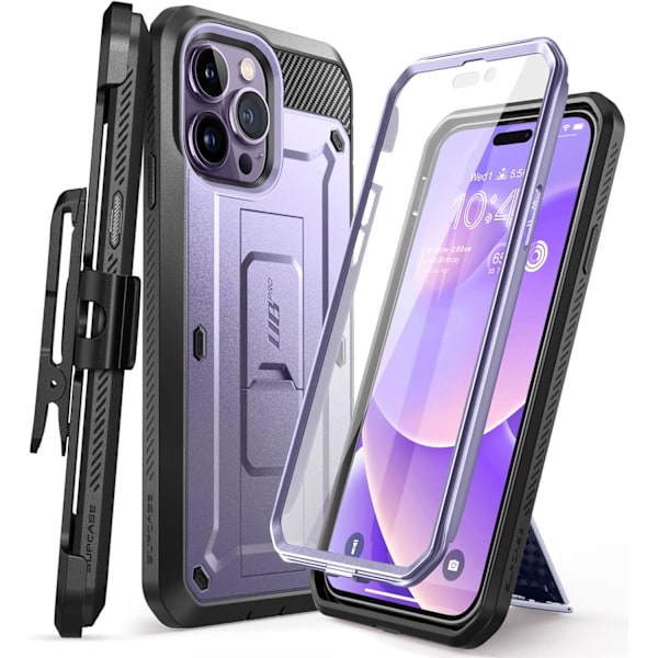 CASE Unicorn Beetle Pro Fodral för iPhone 14 Pro 6.1\", med inbyggt skärmskydd & stativ & bältesklämma Heavy Duty R Mauve