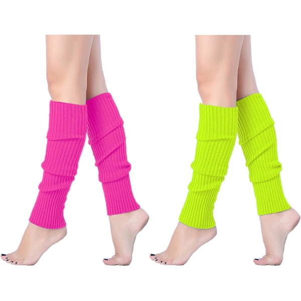Dam Juniors Neon Ribbade Benvärmare för 80-talets fest Sport Yoga 2pack(rosa+fluo En storlek