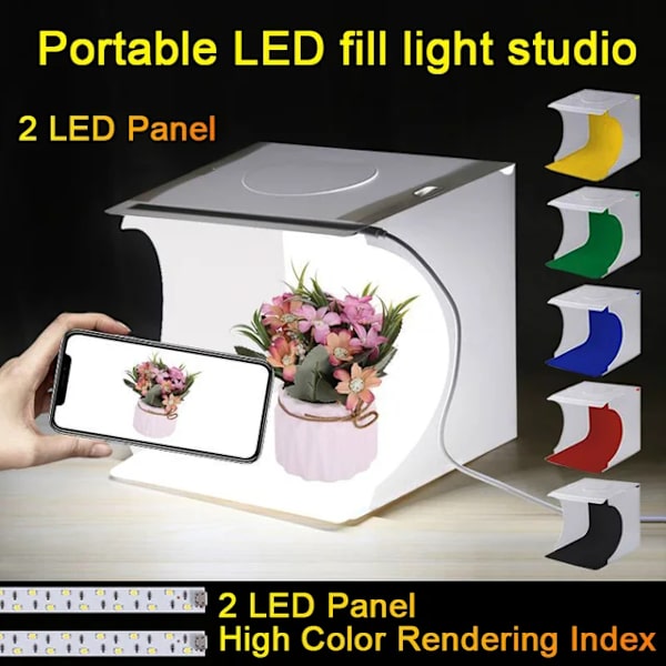2* 20cm Mini hopfällbar studio diffus ljuslåda med ljus LED svart vit