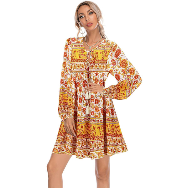 ivimos Dam långärmad blommig casual print bomull miniklänning orange gul liten