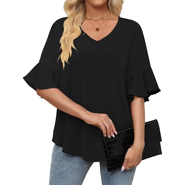 MOON Dam Blusar i Chiffon 3/4 Ärm Skjortor V-Ringning Klockad Ärm Klädd Toppar Svart X-Large
