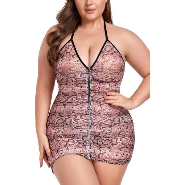 s Storlek Genomskinlig Stretch Mesh Babydoll Klänning Dragkedja Shirring Halterneck Chemise Kurvig Sexig Lingerie för Kvinnor Ormmönster Stor