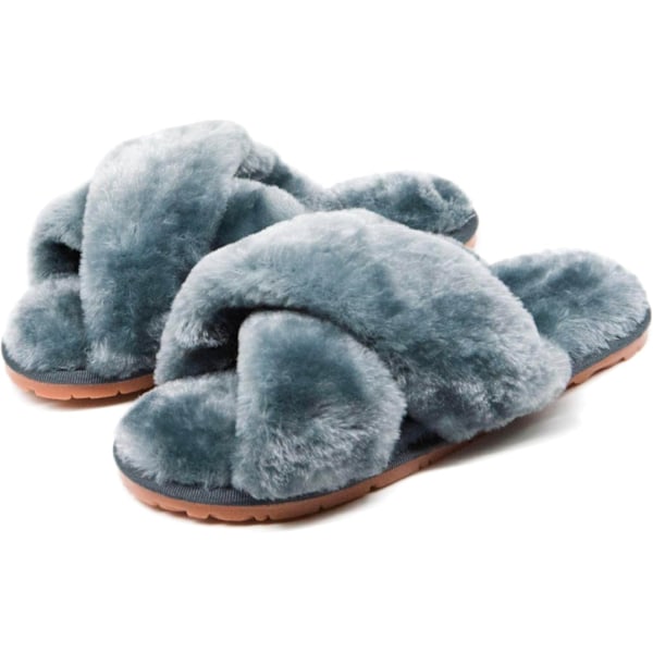 Dam Fluffy Fluffy Furry Fur Tofflor Flip Flop Öppen Tå Mysig Hus Sandaler Slides Mjuk Platt Bekväm Anti-Slip Spa Inomhus Utomhus Slip on