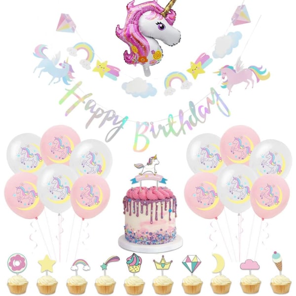 Ucorn födelsedagsdekorationer flicka, festdekorationer för flickor, regnbågsfestdekorationer, pastellfärgade Unicorn festdekorationer ballong med grattis på födelsedagen