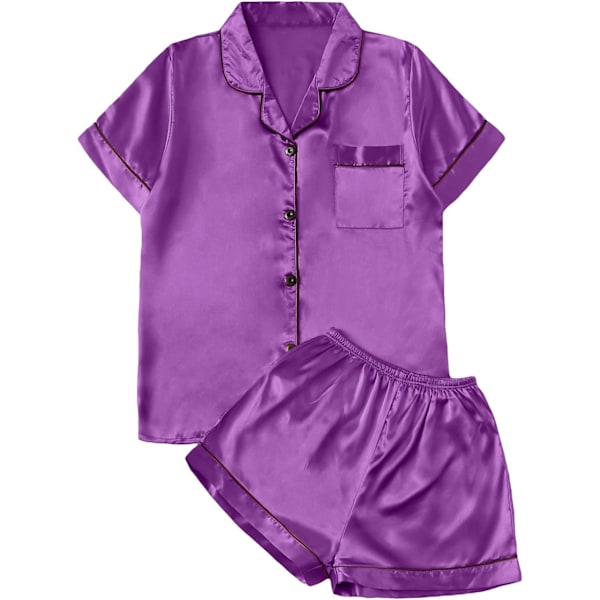dusa Dam 2-delad satin nattkläder knapp fram nattkläder kortärmad pyjamas set lila X-Large