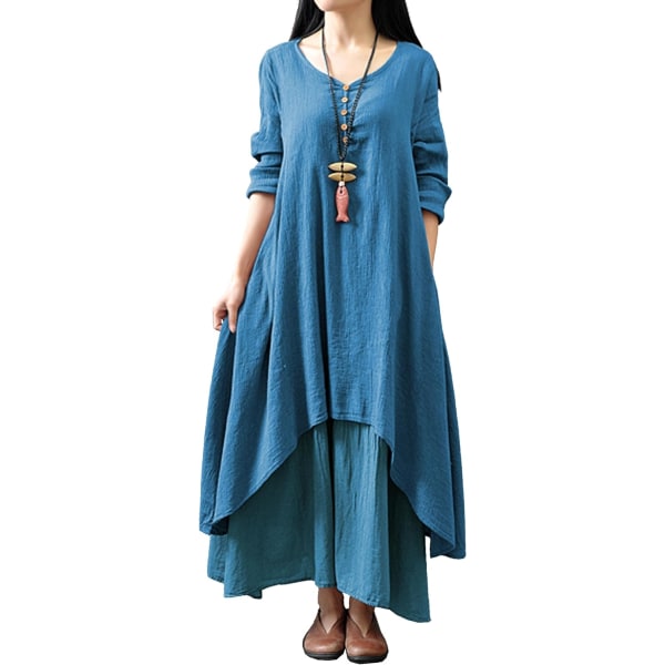 ivimos Dam långärmad bomull casual lös plus size oregelbunden långa klänningar Teal Large
