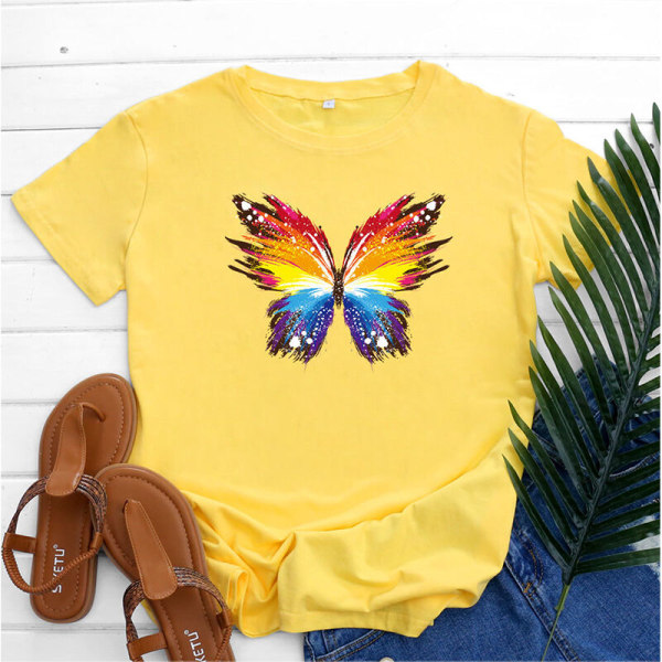 Lady Plus Size T-shirt Butterfly Print Toppar Kortärmad Blus Yellow XXL