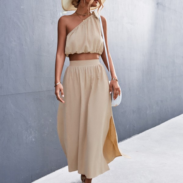 Kvinnor 2-delade Lounge Sets en axel crop tops & kjol set Apricot XL