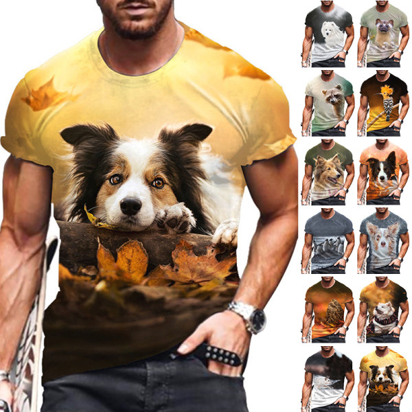 Män Multi Animal Print T-shirt kortärmade toppar Crew Söt 8# L