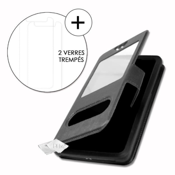 Super Pack Cover för Asus Zenfone Max (M2) Extra Slim 2 Eco-läderfönster + 2 högtransparens skyddsglasögon SVART