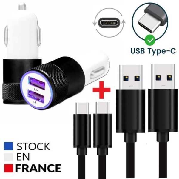 Autoladdarpaket + 2 USB Type C-kablar för Blu G72 Max Ultrakraftig och snabb laddare 2X (5V - 2.1A) + 2 1M-kablar - SVART