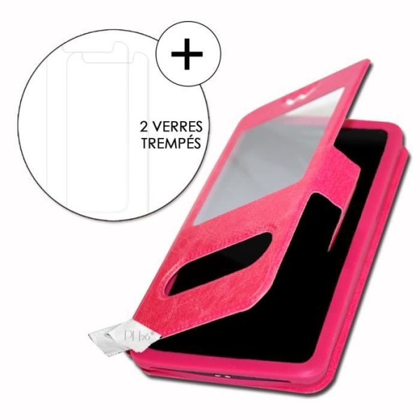 Super Pack Cover til HiSense A5 Pro CC Extra Slim 2 Eco-lædervinduer + 3 højgennemsigtige beskyttelsesbriller FUSHIA PINK