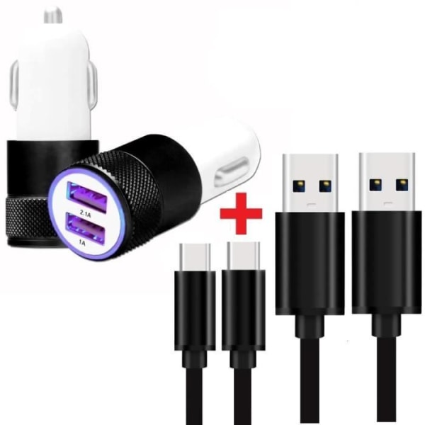 Autoladdarpaket + 2 USB Type C-kablar för Vivo Y55 4G Ultrakraftig och snabb laddare 2X (5V - 2.1A) + 2 1M-kablar - SVART