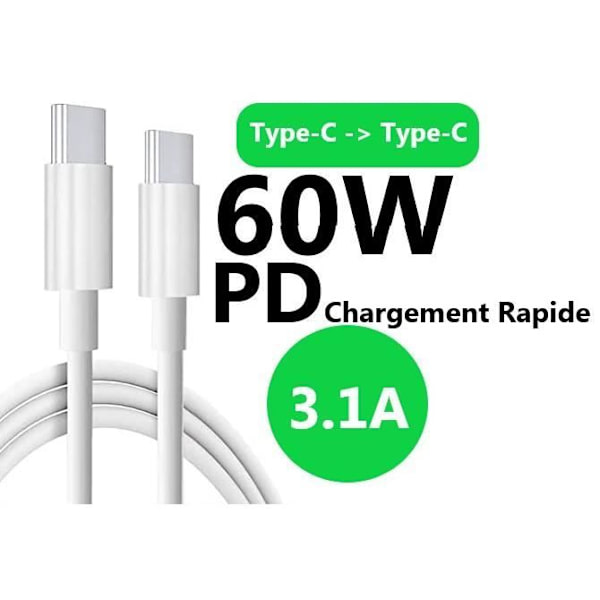 60W USB C til USB C-kabel - 1 meter til Samsung Exynos Galaxy Note20 LTE, 3.1A PD hurtigopladningskabel Vit