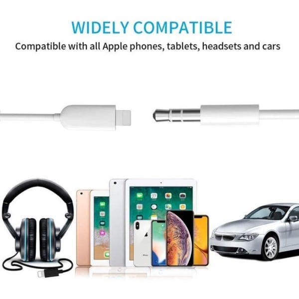 Lightning till 3,5 mm jack-adapterkabel för Apple iPhone XS Plug and Play-kabel för dina hörlurar, bilradio... Vit