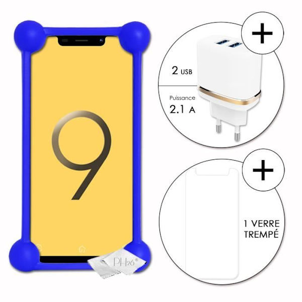 Super Pack stötsäkert blått stötfångarfodral i kvalitetssilikon för V-Mobile S9 (2019) med 1 nätladdare, Ultrasnabb 2x USB Blå