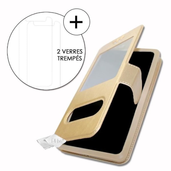 Super Pack Cover til Blu Vivo XL5 Extra Slim 2 Eco-lædervinduer + 2 højgennemsigtige beskyttelsesbriller GULD GULD