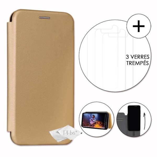 PH26® Super Pack Folio-korthållare i guldkornigt ekoläder för Logicom Le Hop med 3 härdade glas, hårdhet Guld guld