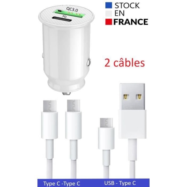 Billaddare för USB till USB Typ C Snabbladdning 30W PD &amp; QC 3.0 + 1 Typ C-kabel + 1 TypeC-kabel TypeC