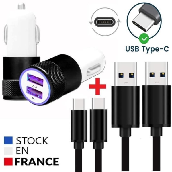 Autoopladerpakke + 2 Micro USB-kabler til ZTE Axon 20 5G Ultrakraftig og hurtig oplader 2X (5V - 2.1A) + 1M kabel - SORT. Svart