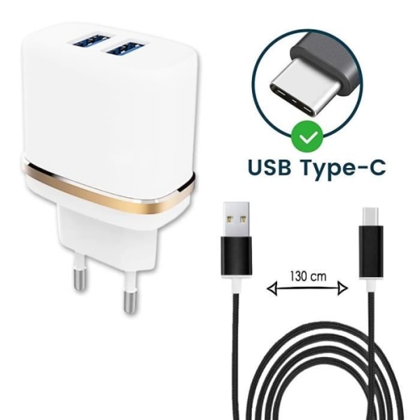 Typ C kabelpaket för Wiko View 5 Ultrakraftig och snabb laddare 2X USB 5V - 2.1A - SVART Vit