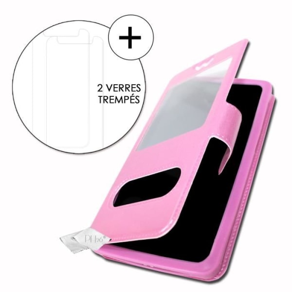 Super Pack Cover til Wiko Y70 Extra Slim 2 Windows øko læder + høj gennemsigtighed hærdet glas FUSHIA PINK