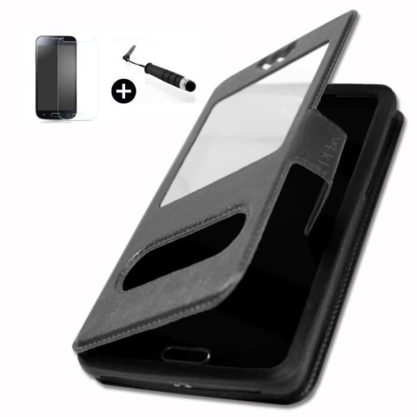HTC Desire 300 super PACK Svart PU fönsterfodral + mini stylus + härdat glas 9H hårdhet, Ultratunn 0,20 mm