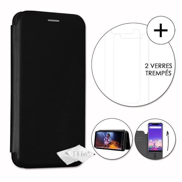 PH26® Super Pack Folio kortholder etui i sort kornet øko-læder til Logicom Le Hop med 2 hærdede glas, maksimal hårdhed Svart